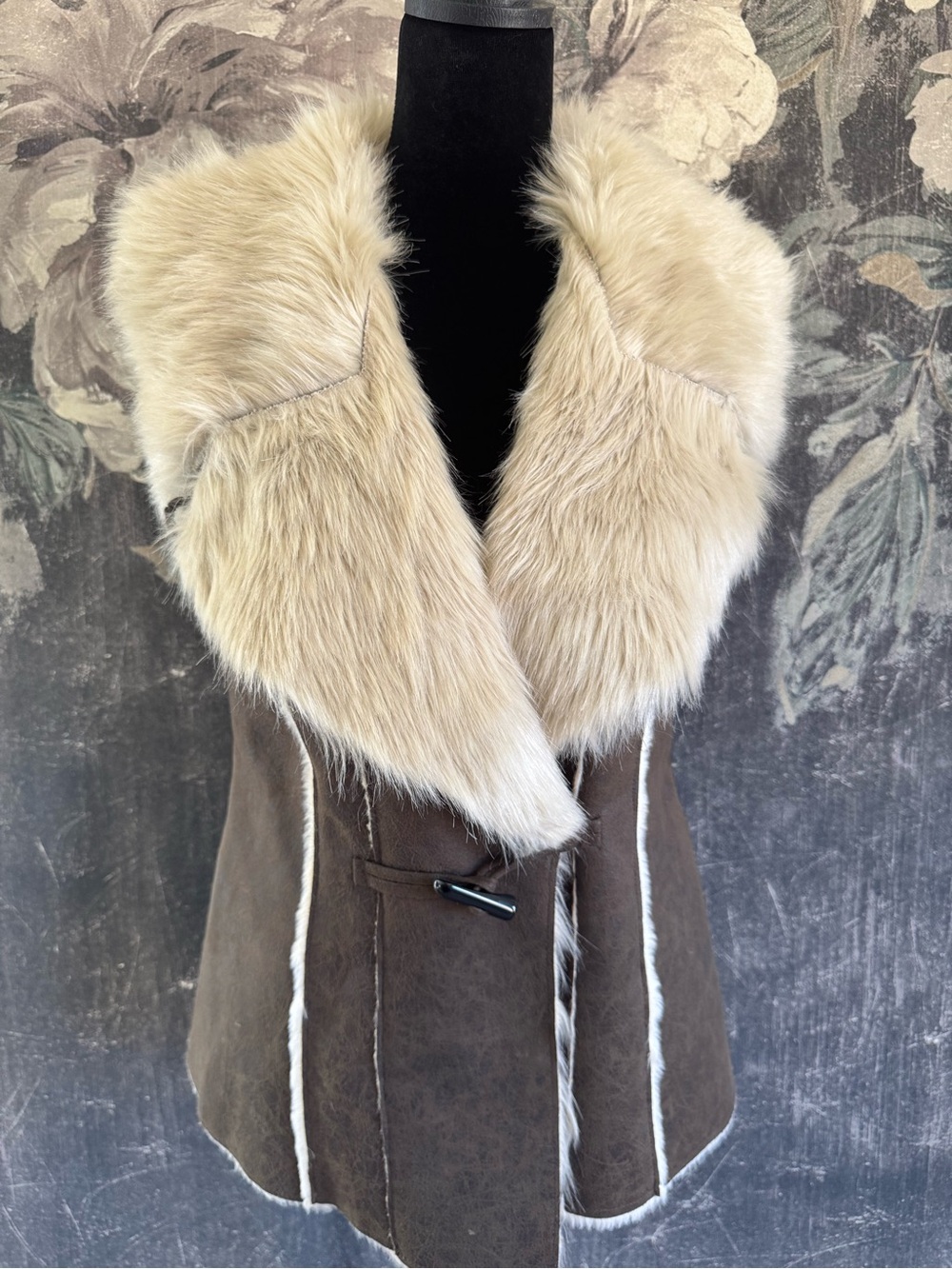 INC International Concepts Brown Suede Vest with Cream Faux Fur Collar